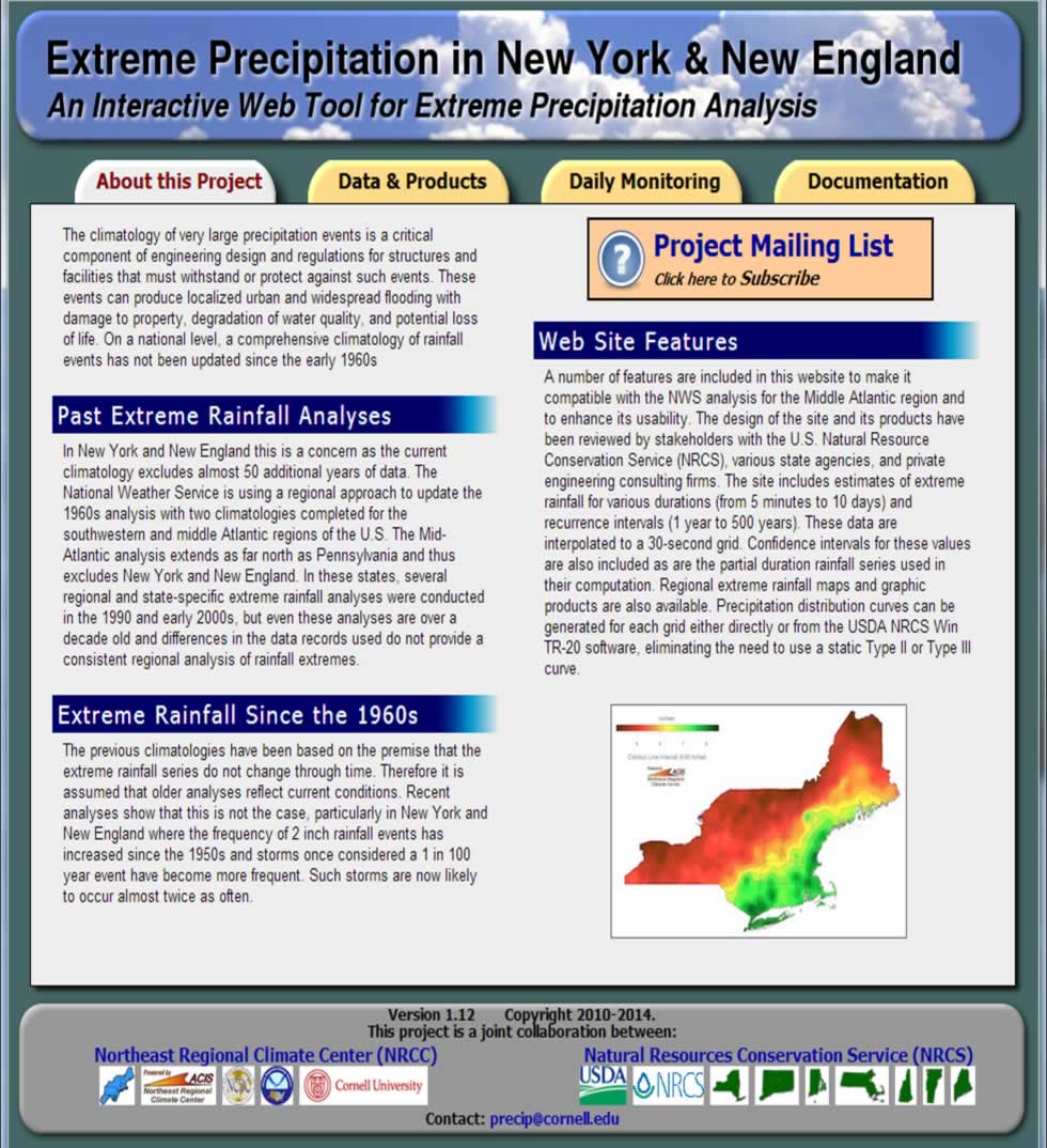 An interactive map links to data sets with extreme precipitation estimates (inches) by location ranging from one day to 500 years