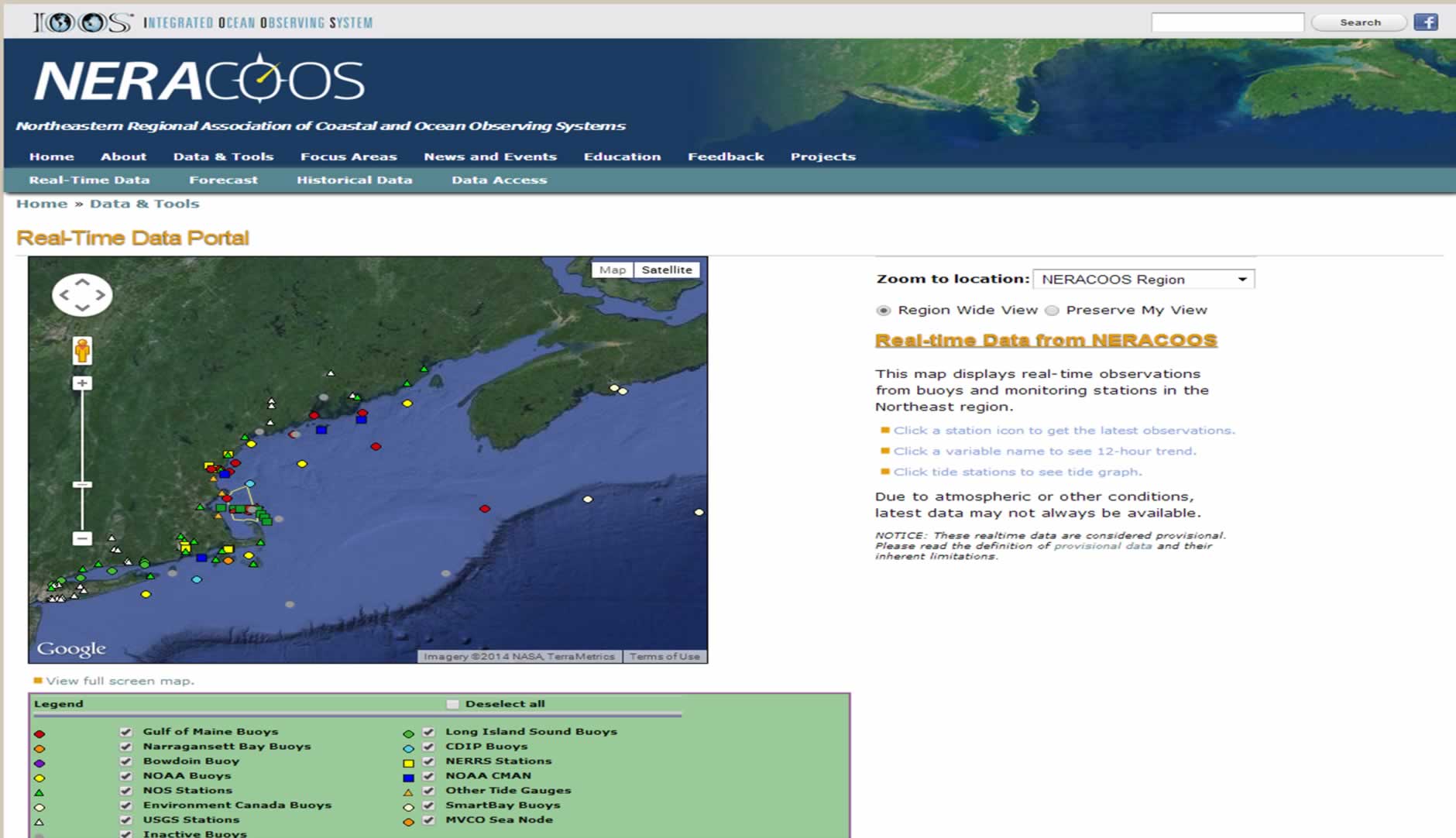 Real-time data (wind speed/direction, wave height/period, air/water temperature, air pressure, visibility, salinity from buoys between New York and Nova Scotia