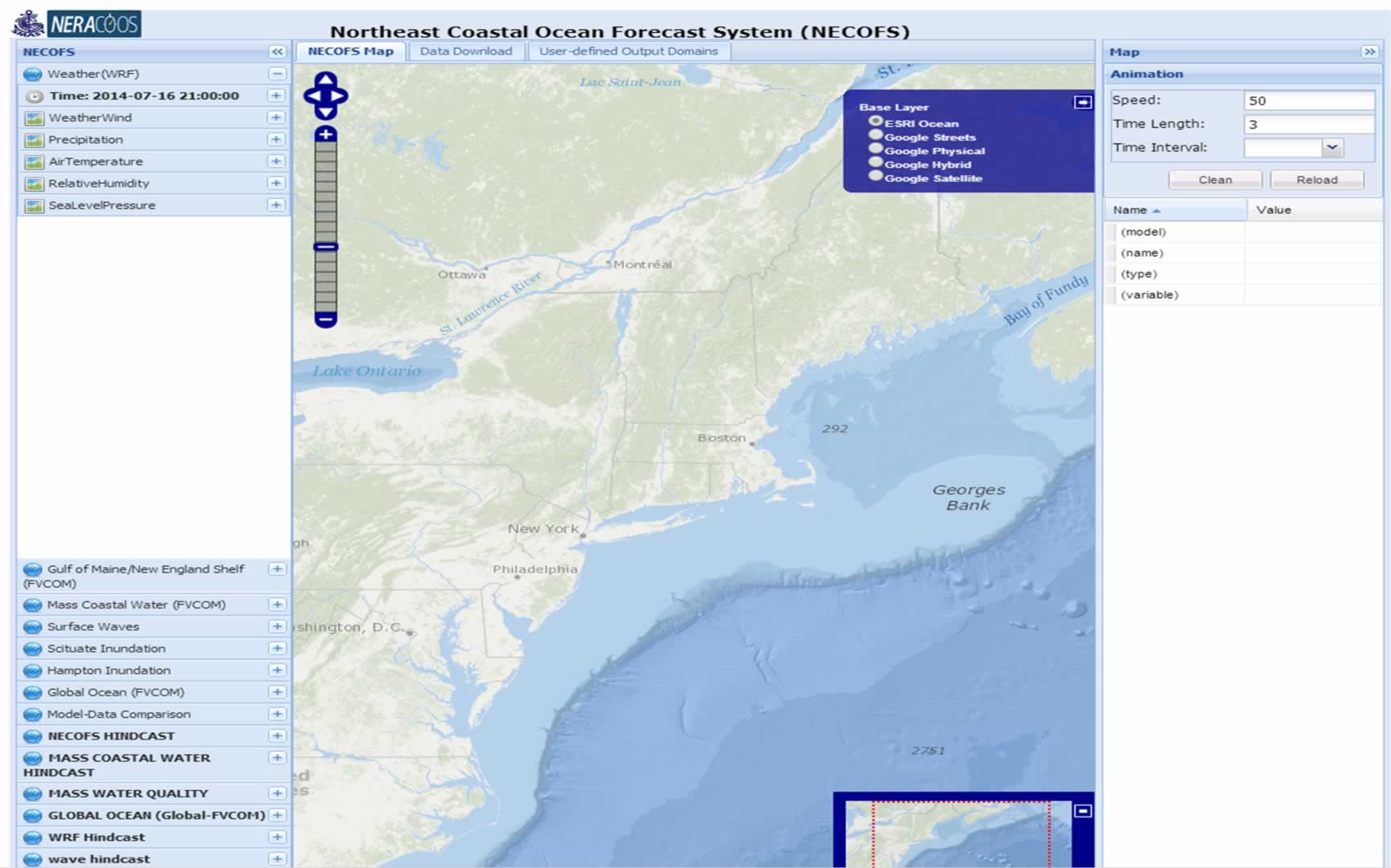 Model viewer with wind, precipitation, air temperature, relative humidity, sea level pressure
Northeastern Regional Association of Coastal and Ocean Observing Systems